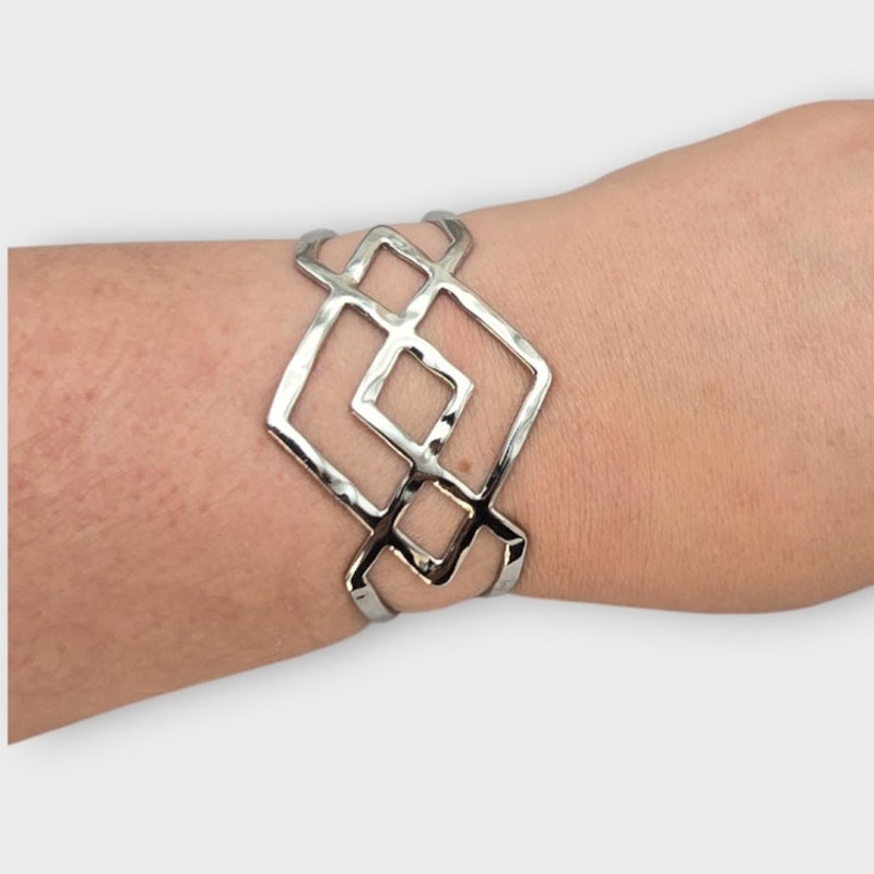 Silver Geometric Openwork Cuff Bracelet Modern Sculptural Statement 42$
